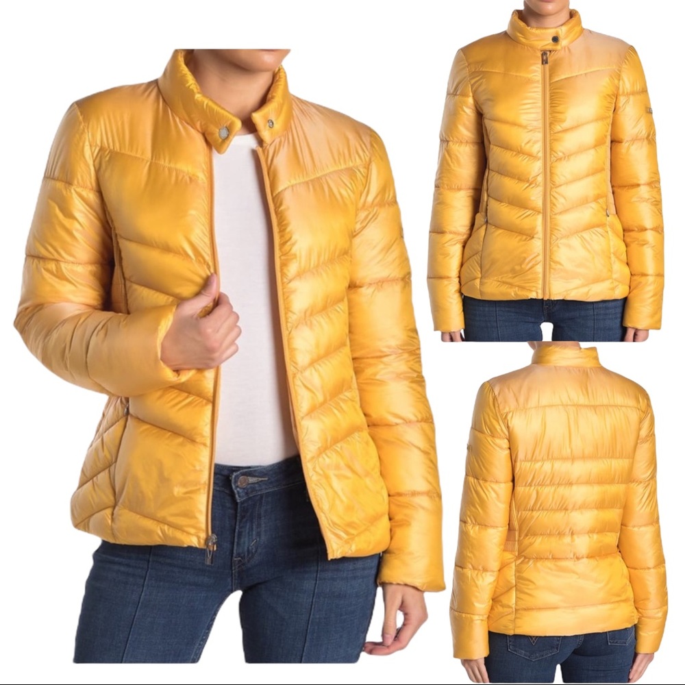 Via Spiga Smocked Quilted Puffer Jacket Maize Yellow Packable Medium/Large - Picture 1 of 11